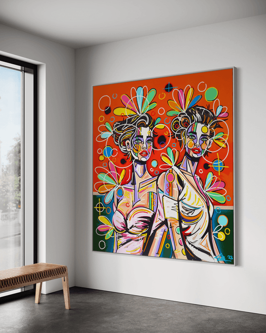 Sunset Twins Gemälde von David Tollmann ausgestellt in einer Galerie